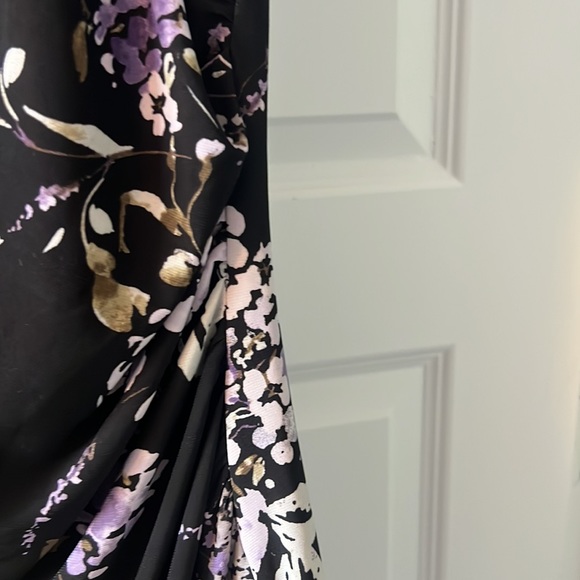 Lauren black dark floral cinched dress SZ 14 black wrap style ruffle career - Picture 13 of 14